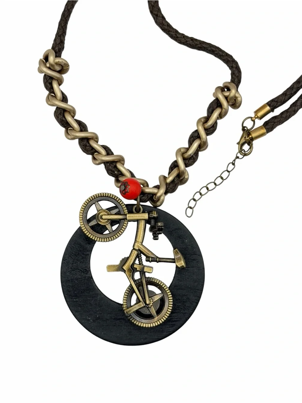 Bicycle Pendant Necklace Black Wood Rope Chain Boho Statement Jewelry New